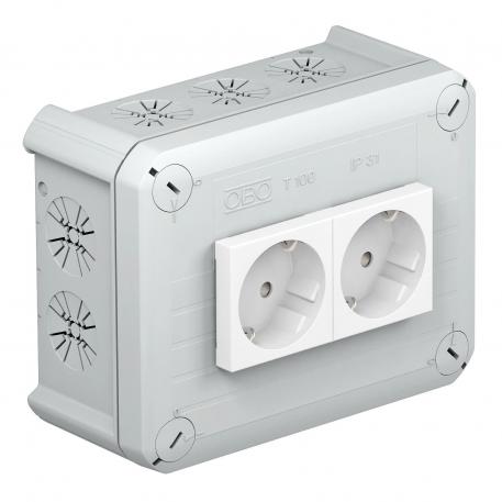 Junction box T100, 2 Modul 45 sockets in cover, 1-pin 136x102x57 | 10 | IP30 | 10 | Light grey; RAL 7035